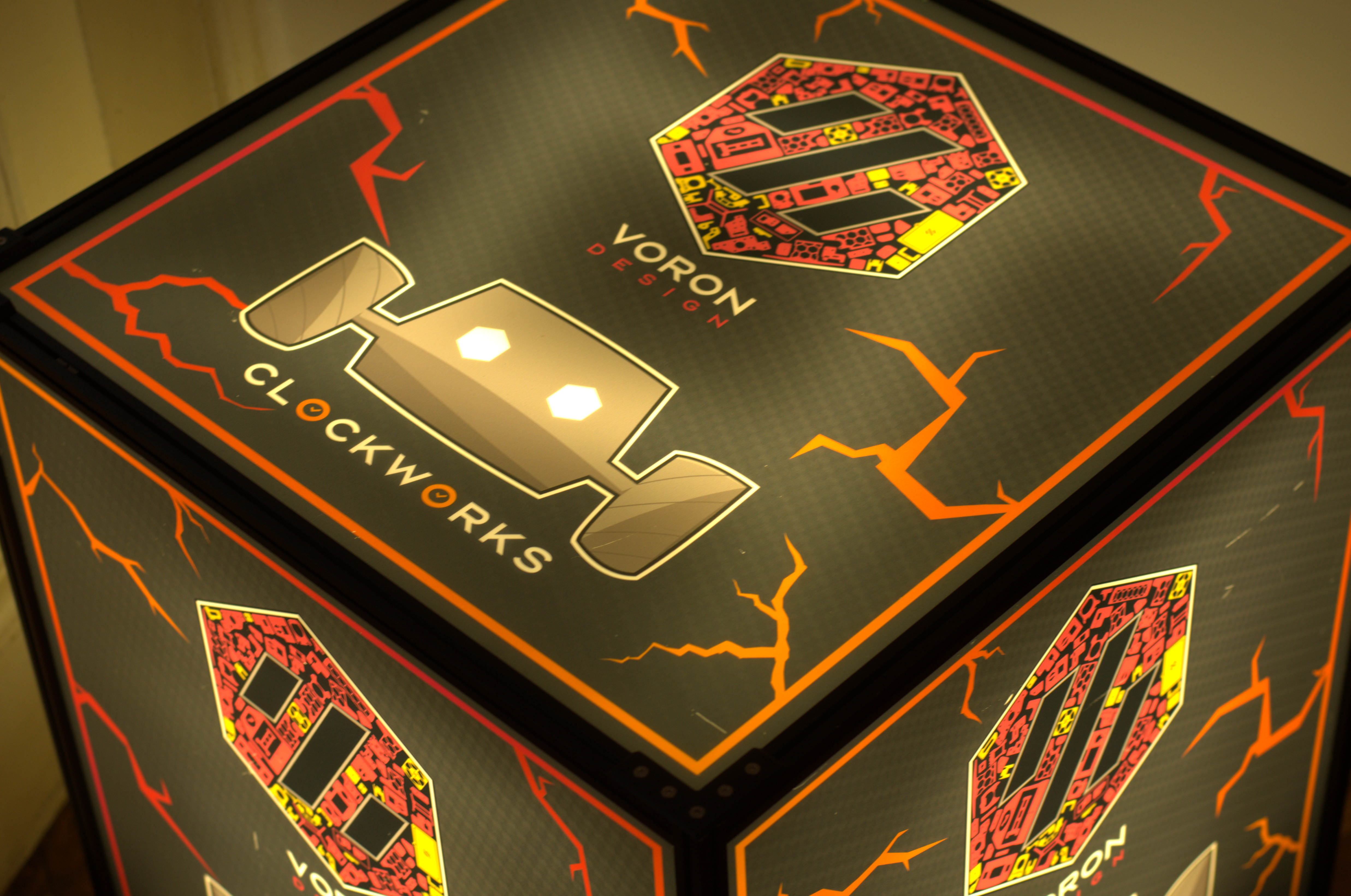 Illuminated Clockworks robotics team display box with Voron Design logos
