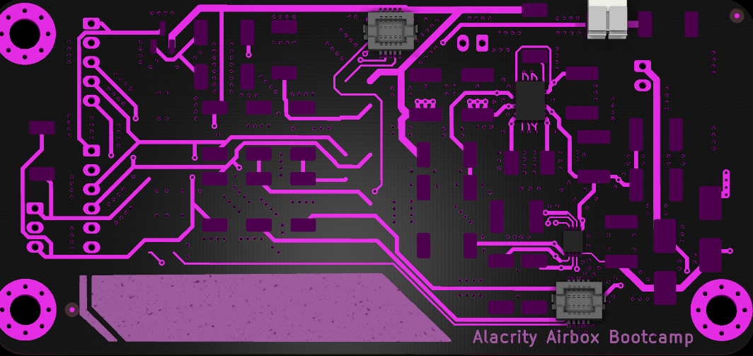 Render of the back of the Alacrity AirBox Bootcamp PCB with magenta traces