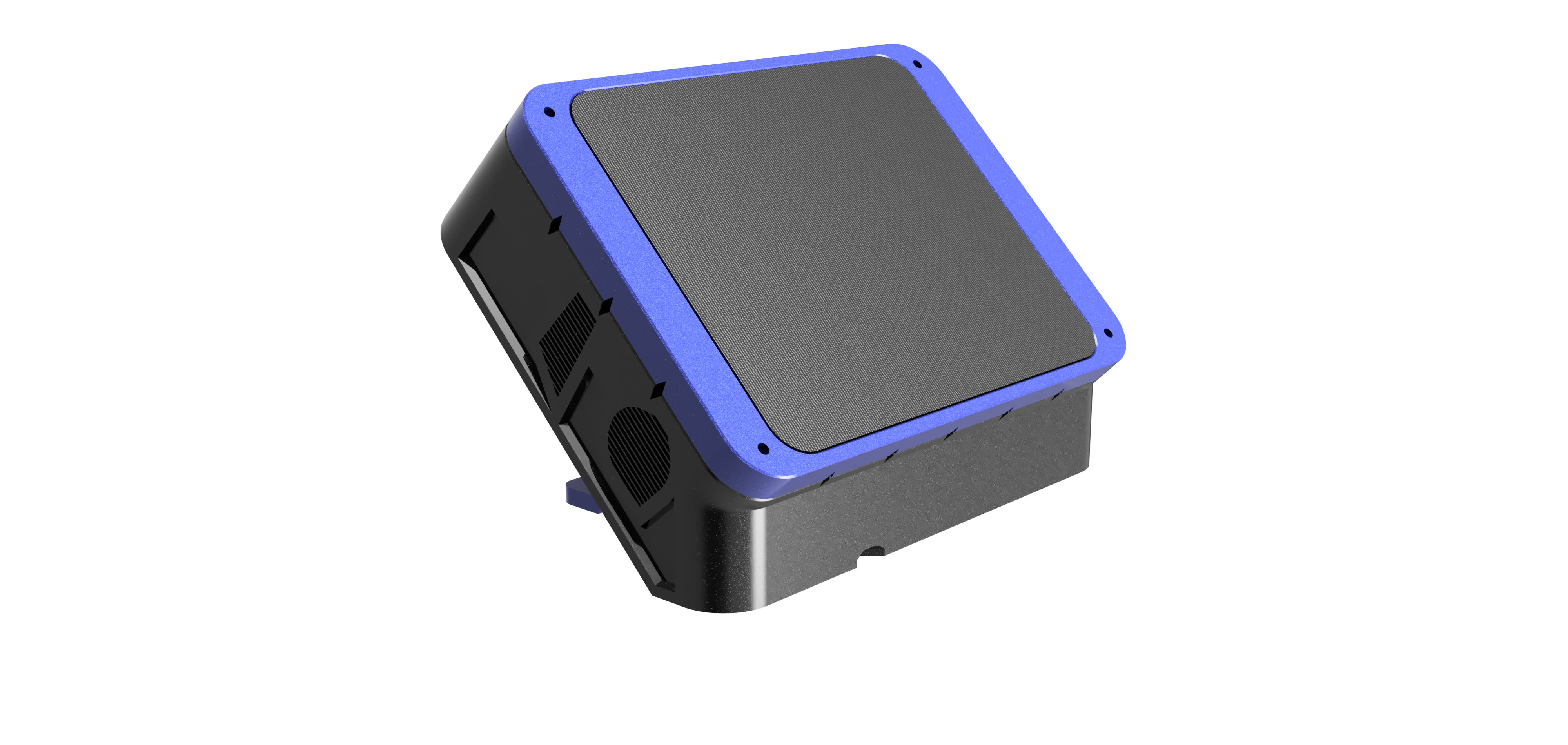 3D render of the Alacrity AirBox V2 air quality monitor in a black case with a purple frame