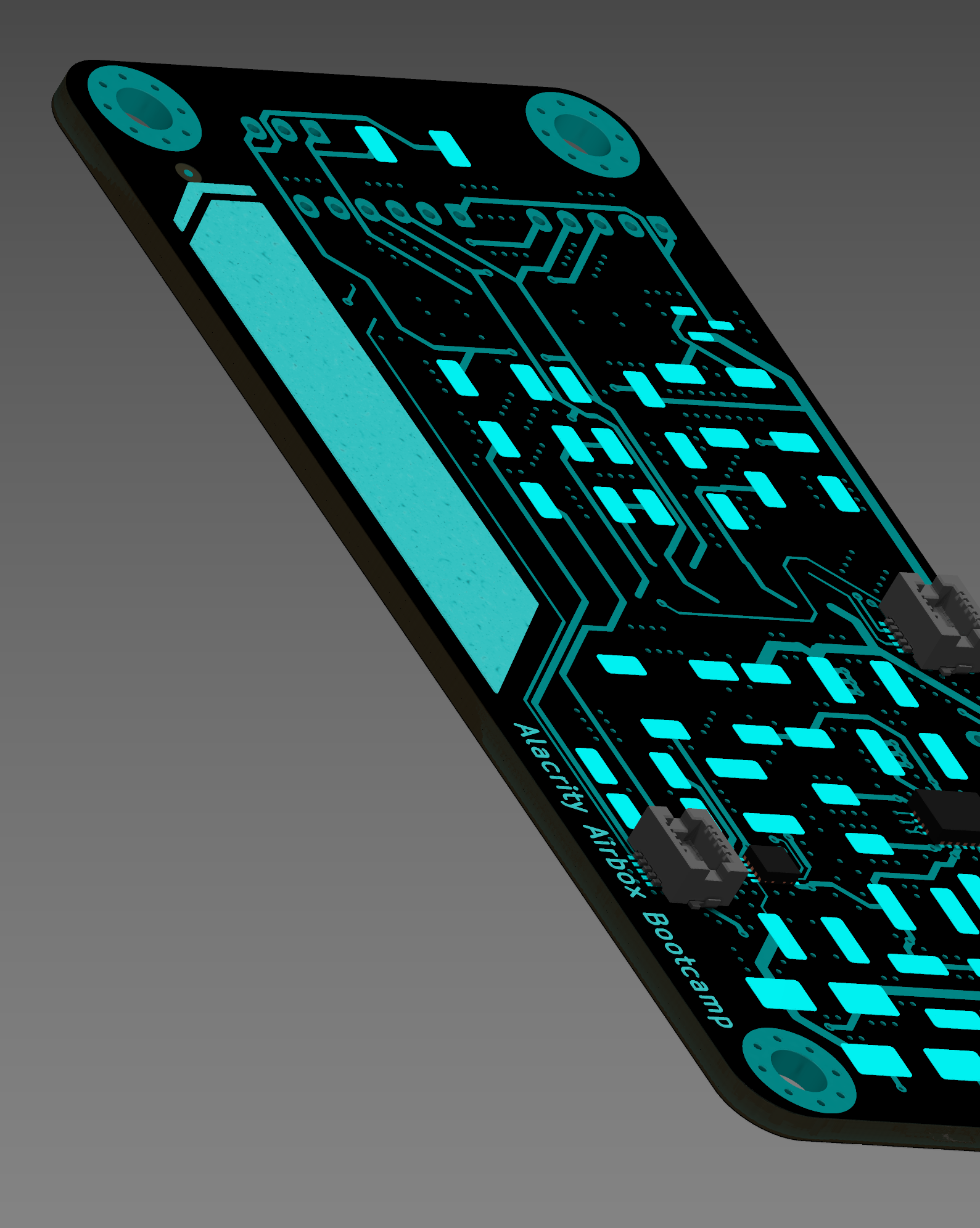 Angled 3D render of the Alacrity AirBox Bootcamp PCB with cyan pads