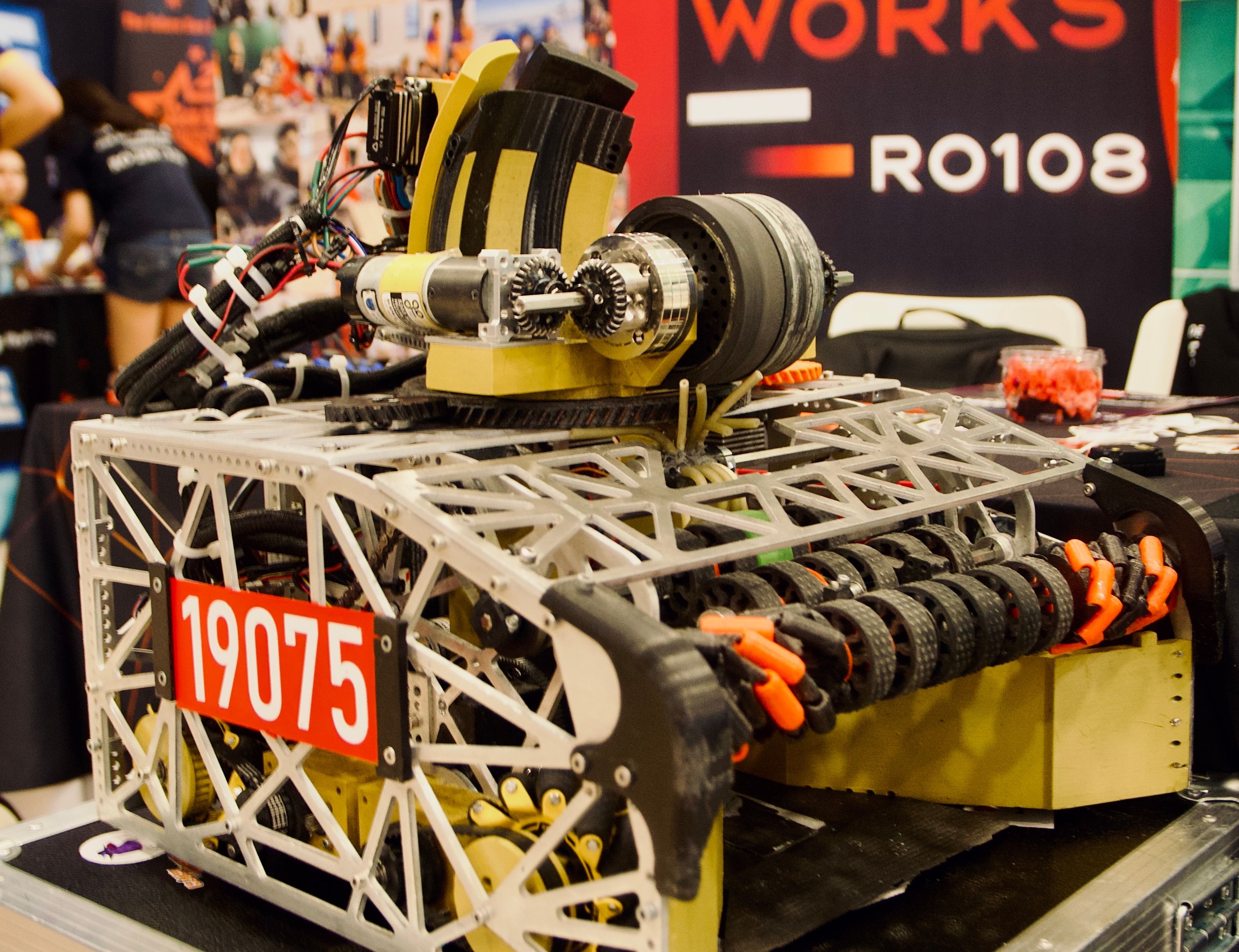 Competition robot with team number 19075 at the RO108 robotics booth