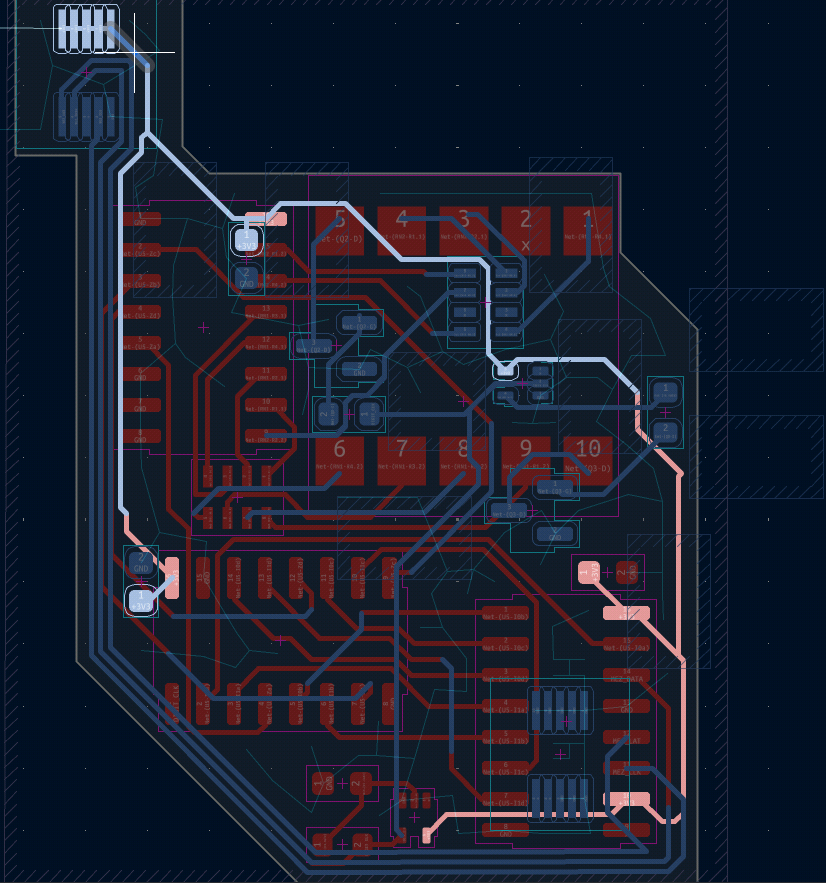 PCB layout design showing copper traces and pads on two layers