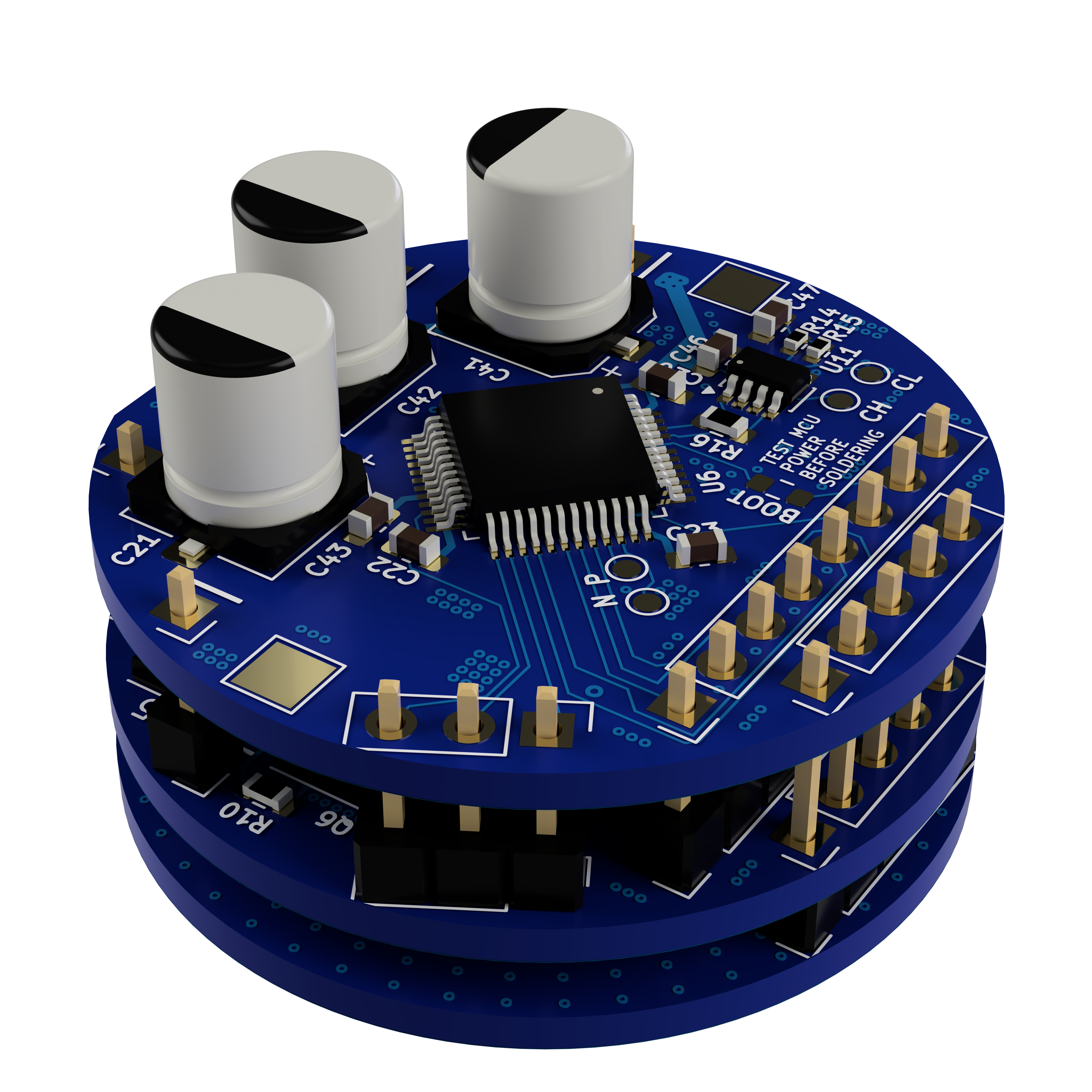 3D render of the SPINSPINSPIN round stacked motor controller boards with three capacitors on top